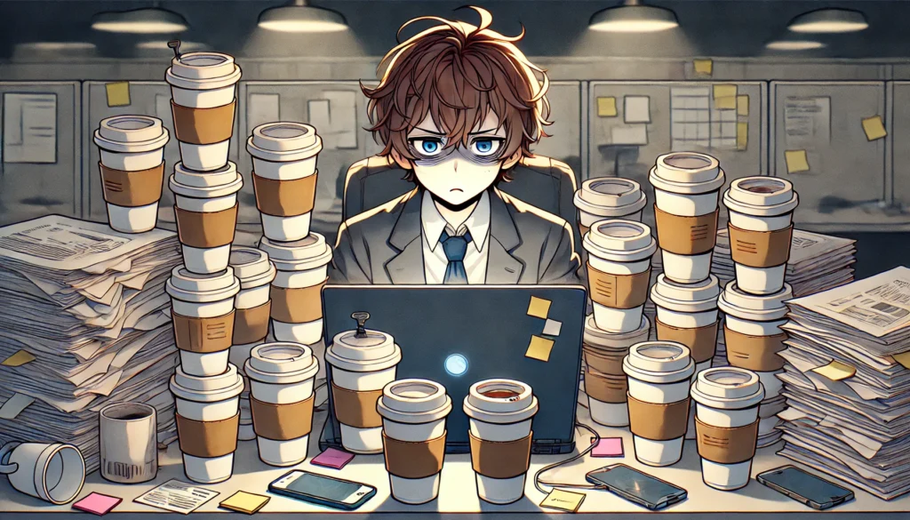 Project manager surrounded by multiple empty and half-empty coffee cups, staring at a laptop with a stressed and exhausted expression.