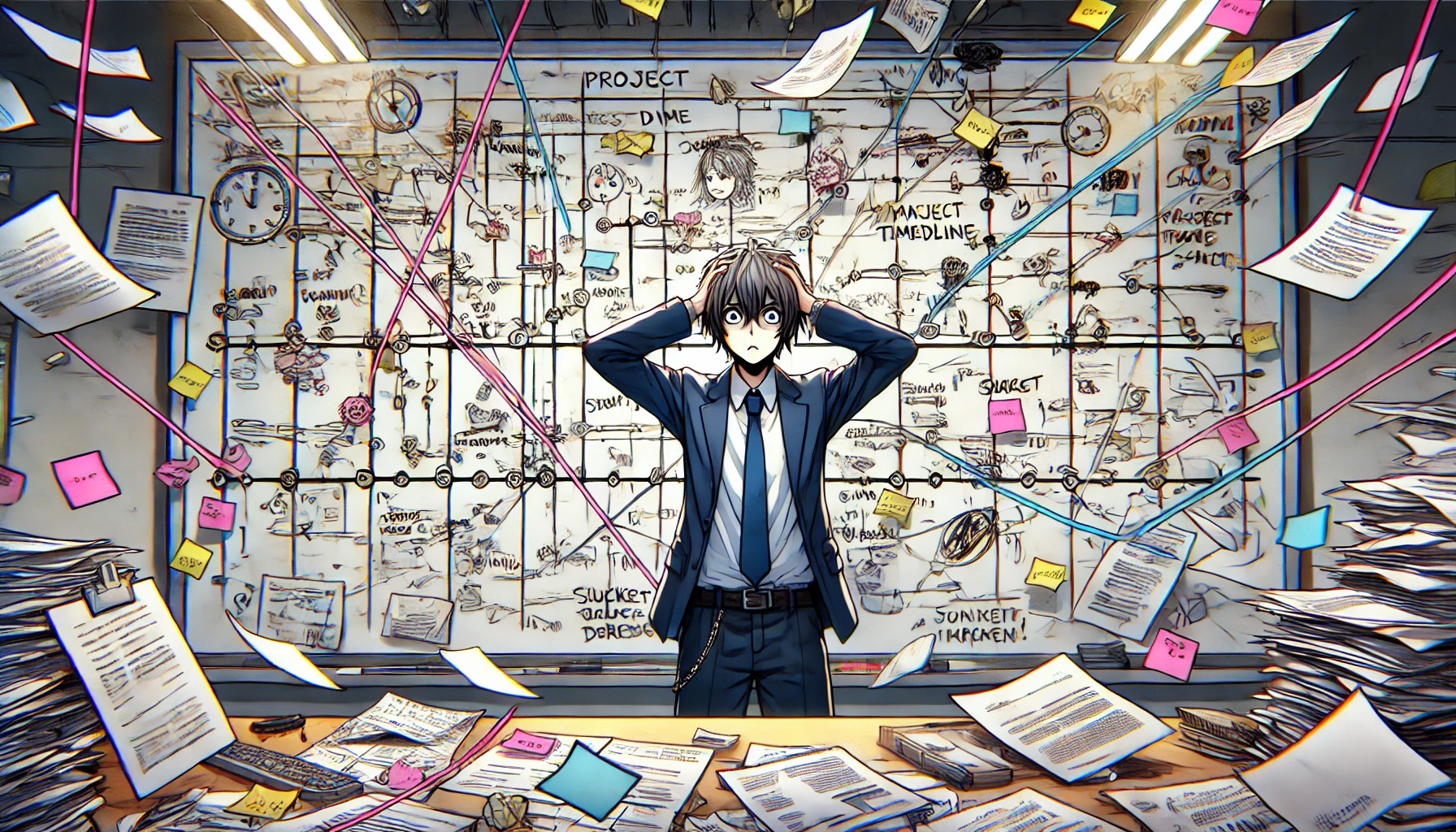 Frustrated project manager standing in front of a whiteboard filled with a chaotic, messy timeline.